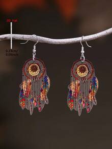 1 Pair 2D Flat Vintage Bohemian Feather Dreamcatcher Pattern Acrylic Pendant Earrings, Retro Minimalist Style Women's Jewelry Suitable For Daily Wear And Vacation - Brown - View 3