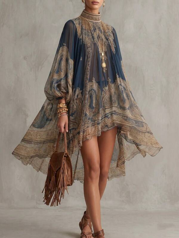 Vestido mini de mujer estilo boho con estampado paisley, cuello alto transparente, mangas murciélago fluidas, cintura ceñida y corte en A para vacaciones en la playa