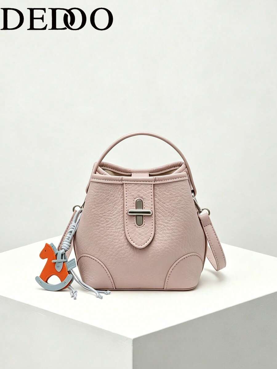 Dedoo Women's Early Spring Litchi Grain Soft Leather Classic Bucket Bag, Metal Cross Lock Design, Versatile Mild Casual Style Suitable For Work, Dates, Afternoon Tea, Handheld & Shoulder 2-Way Bag - Pink - View 1