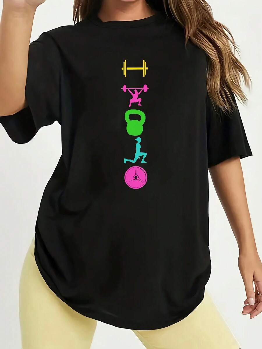 2026 Oversize Extra Large Gym T-Shirt For Women And Men - Workout Shirt With Weightlifting Graphics, Dumbbells, Barbells And Kettlebells - Black Background - Loose Fit Sports T-Shirt For Weightlifting, I - 黑色 - 查看 1