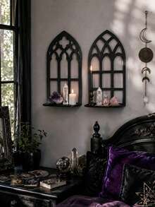 1 pieza Estantería de exhibición de cristal de estilo bohemio, estantería de pared con forma de ventana gótica, estantería de pared de iglesia vintage, soporte de vela de ventana falsa de color negro, ideal para fiestas de Halloween y decoración del hogar en la sala de estar y el dormitorio - Multicolor - Ver 4