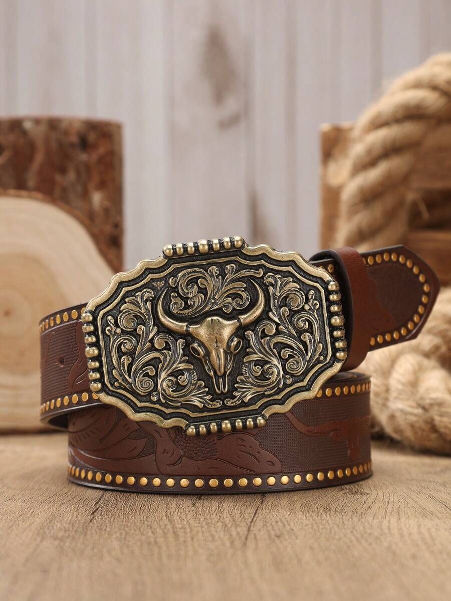 1pc Men's Western Style Large Buckle PU Leather Embossed Belt (Free Hole Puncher Included) - BH1155 - View 1