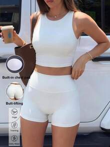 Bộ đồ thể thao nữ mùa hè Aoqta Sports màu trơn, gồm áo quây không tay, hở lưng có đệm mút và quần short bó sát cạp cao giúp định hình vòng ba, phù hợp cho yoga, chạy bộ, tập luyện và mặc hàng ngày. - trắng - Xem 3