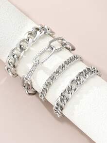 5pcs/4pcs/1pc Vintage Elegant Bohemian Vacation Style Women's Silver Chunky Chain Bracelet And Round Disc Elastic Bangle, Suitable For Daily Wear, Gatherings, Parties, Vacation Season, Beach Holiday And Travel - Silver - View 2