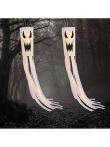 2pcs Halloween Windsock, Scary Wind Vane, Ghost White Cloth Decoration, Evil Face Design, Suitable For Halloween Yard Decoration And Holiday Celebration, Haunted House, Outdoor Garden Yard Atmosphere Arrangement Decoration, Theme Party, Halloween Party Decoration - Multiple Styles - View 7