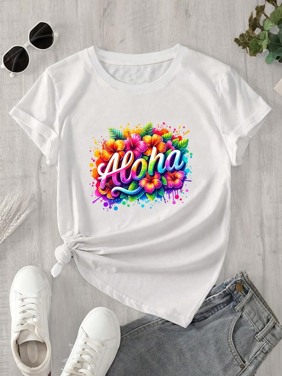 Esta blusa de manga corta y cuello redondo para mujer presenta un estampado de flores y hojas tropicales, ideal para todas las estaciones. - Blanco - Ver 1