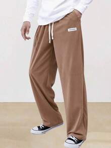 Minimalist Solid Color Men's Corduroy Wide Leg Pants, Khaki Drawstring Small Label Decor Casual Long Trousers - Khaki - View 5