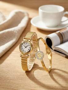 REBIRTH 2pcs/Set Fashion Minimalist Heart Bracelet And Watch Casual Versatile Daily Wear Watch Set - Gold - View 4