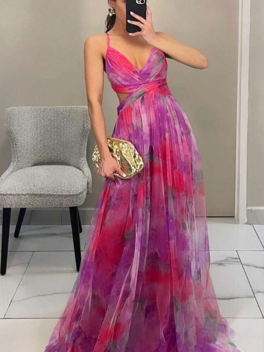 Vestido tirante de tul estampado ligero primavera y verano - Rojo - Ver 1