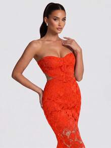 Elegant Strapless Waist Hollow-Out Double-Layer Lace Party Maxi Dress - Orange - View 4