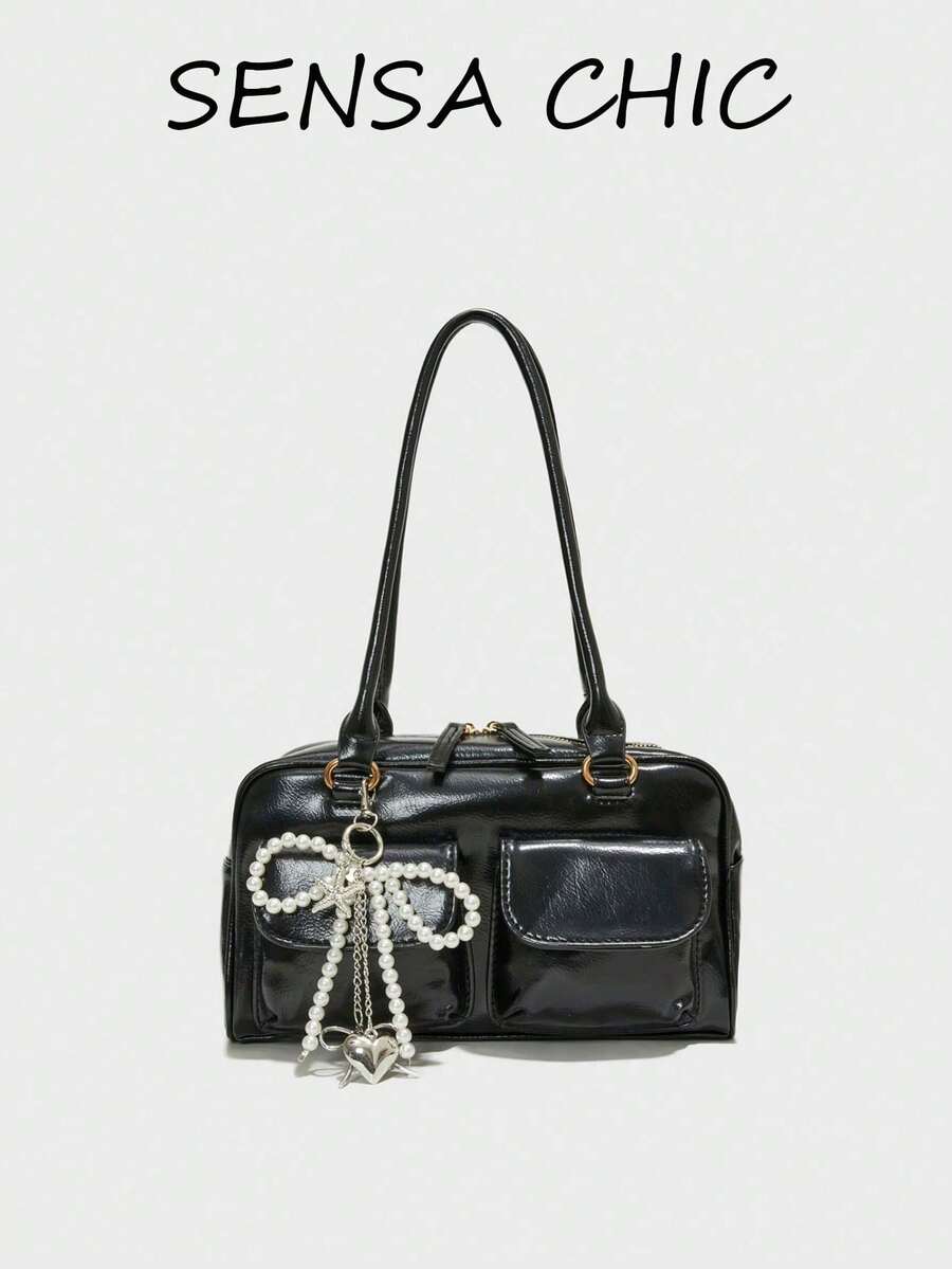 Black Fashion Motorcycle Style Shoulder Bag, Decorated With Pearl Bow And Metal Heart Pendant, Zipper Opening Design, Women's Shoulder Bag/Underarm Bag, Multi-Pocket Design, Suitable For Work And Commuting - View 1