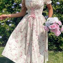 xuehuamaoyi02  PETITE Vestido maxi elegante de vacaciones con cuello de volantes, mangas de pétalos, cintura con lazo y estampado de parches florales románticos en rosa - Naranja - Ver 2