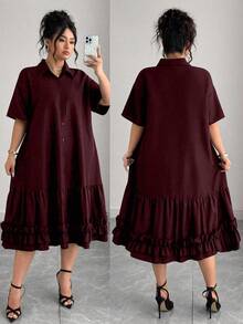 Vestido casual de vacaciones con cuello de camisa y dobladillo con volantes para tallas grandes - Rojo violeta - Ver 1