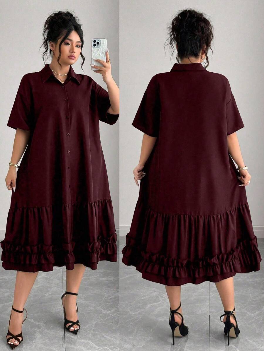 Vestido casual de vacaciones con cuello de camisa y dobladillo con volantes para tallas grandes - Rojo violeta - Ver 1
