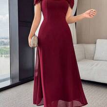 yonghongmaoyi1  Vestido elegante de unicolor con pliegues y hombros descubiertos para mujer - Agua verde azul - Ver 2