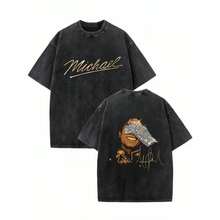 100% Cotton Oversized Black TShirt  Signature And Cartoon Portrait Design Summer Streetwear Fashionable Street Retro Style,Jaafar Jackson Music Legend - 款式1 - 查看 1