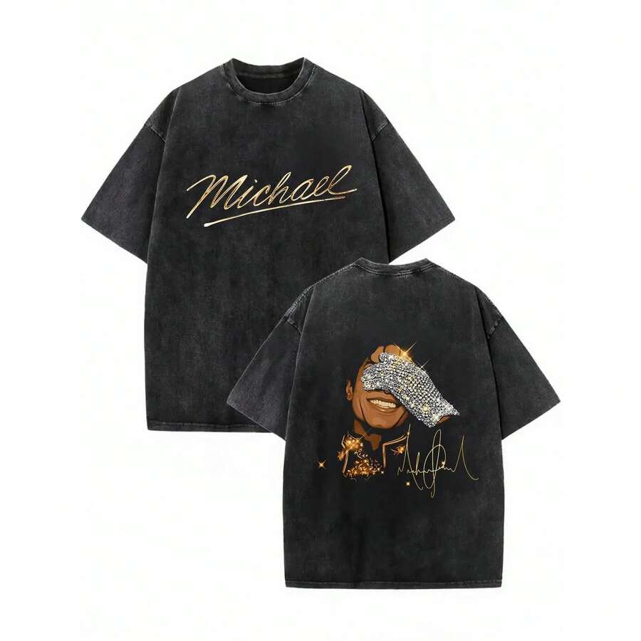 100% Cotton Oversized Black TShirt  Signature And Cartoon Portrait Design Summer Streetwear Fashionable Street Retro Style,Jaafar Jackson Music Legend - 款式1 - 查看 1