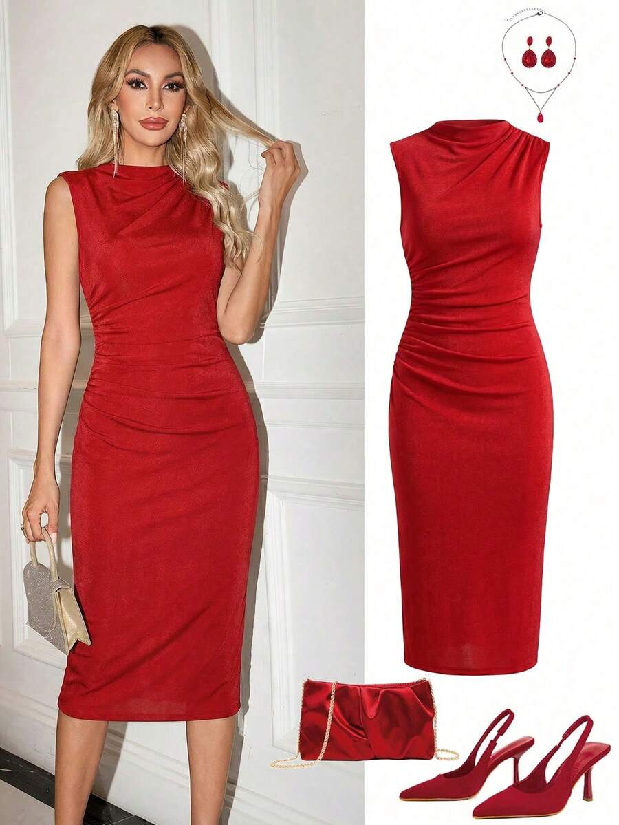 Vestido de malla de punto plisado con estampado, sin mangas, para verano - Rojo 2 - Ver 1