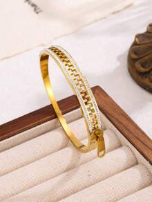 1 Set/2 Pcs/1 Pc Fashion Stainless Steel Zipper Bracelet, Zipper Ring, Women's Style, Rhinestone Inlaid, Lightweight Luxury Design, Wedding Jewelry Set - Multicolor - View 2