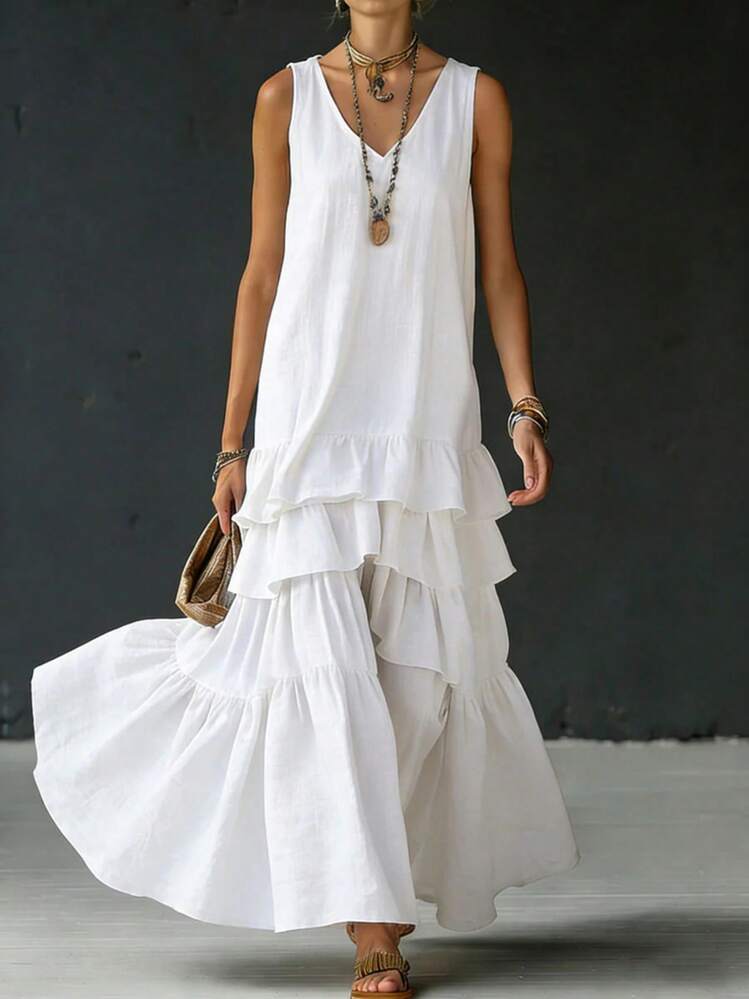 Plus Size Women's Summer Sleeveless Maxi Dress, Solid Color Loose Fit Tiered Ruffle Hem Casual Long Dress - trắng - Xem 3