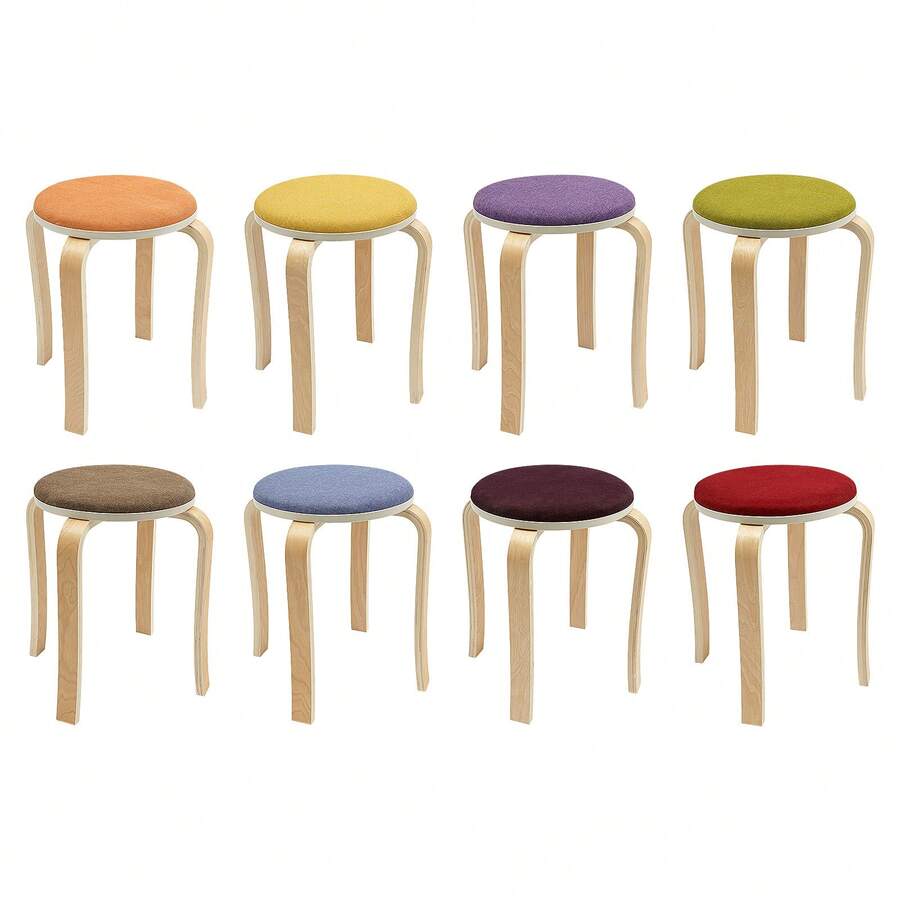 WUPYI 8 Pcs Stackable Round Stool Padded Seat Curved Wood Space-Saving Stool Furniture Stool Household Dining Stool - Multicolor - View 1