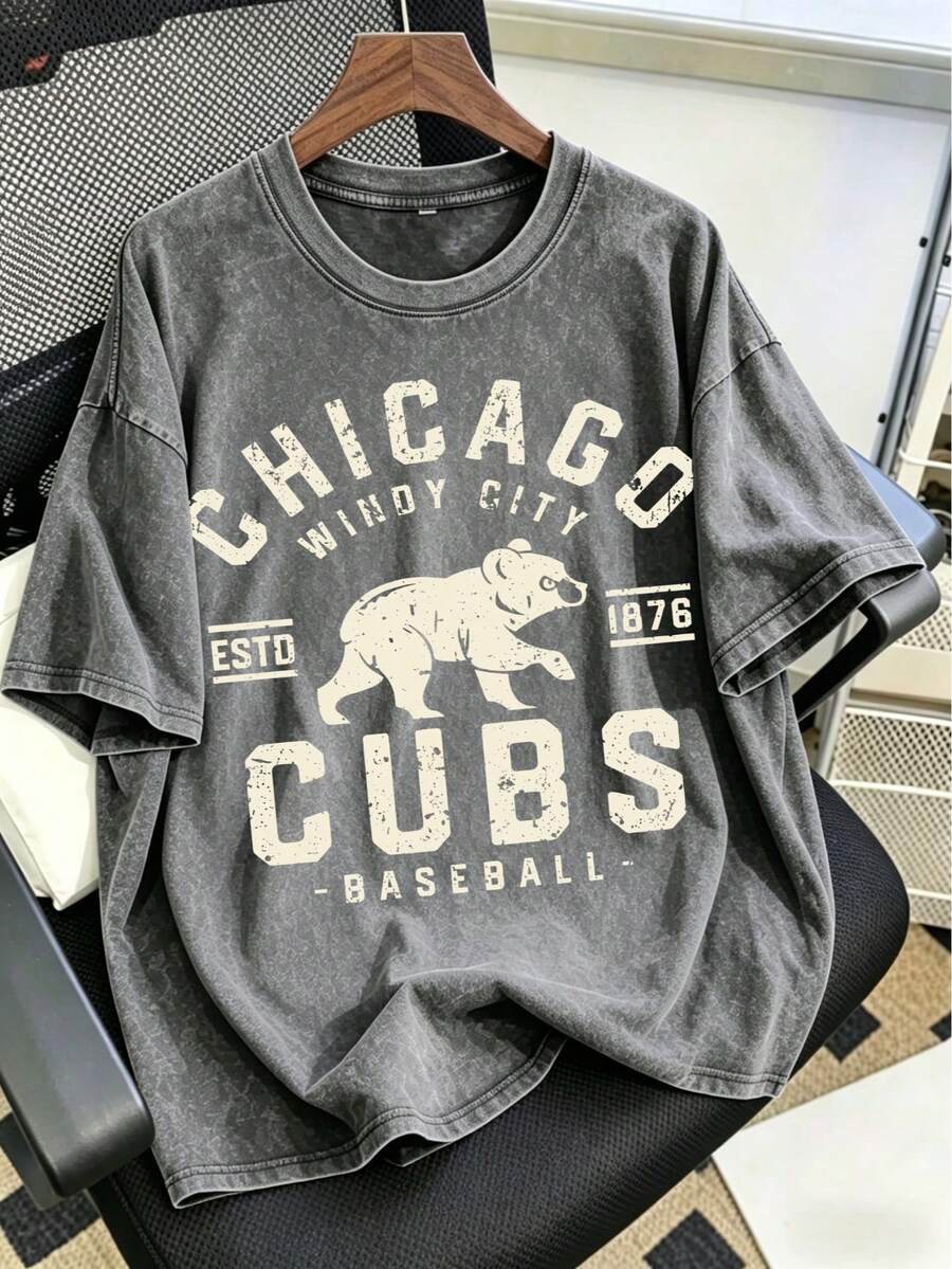 Vintage Washed Chicago Cubs Baseball Graphic Tee | Retro Windy City T-Shirt - 灰色 - 查看 1