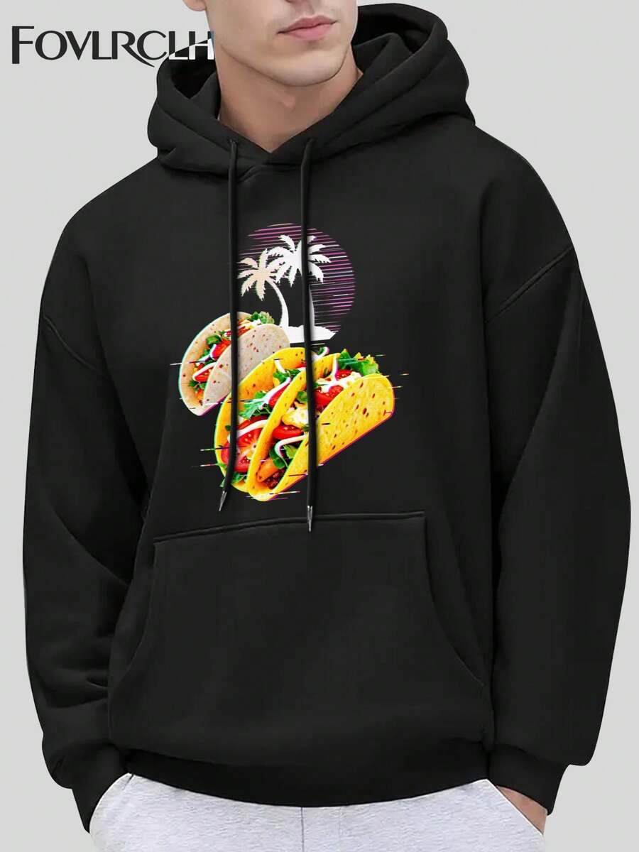 FOVLRC LH Men's Hoodie - Polyester-Cotton Blend Pullover With A Vibrant Mexican Taco And Vintage Palm Tree Design, Casual Street Style - Black - View 1