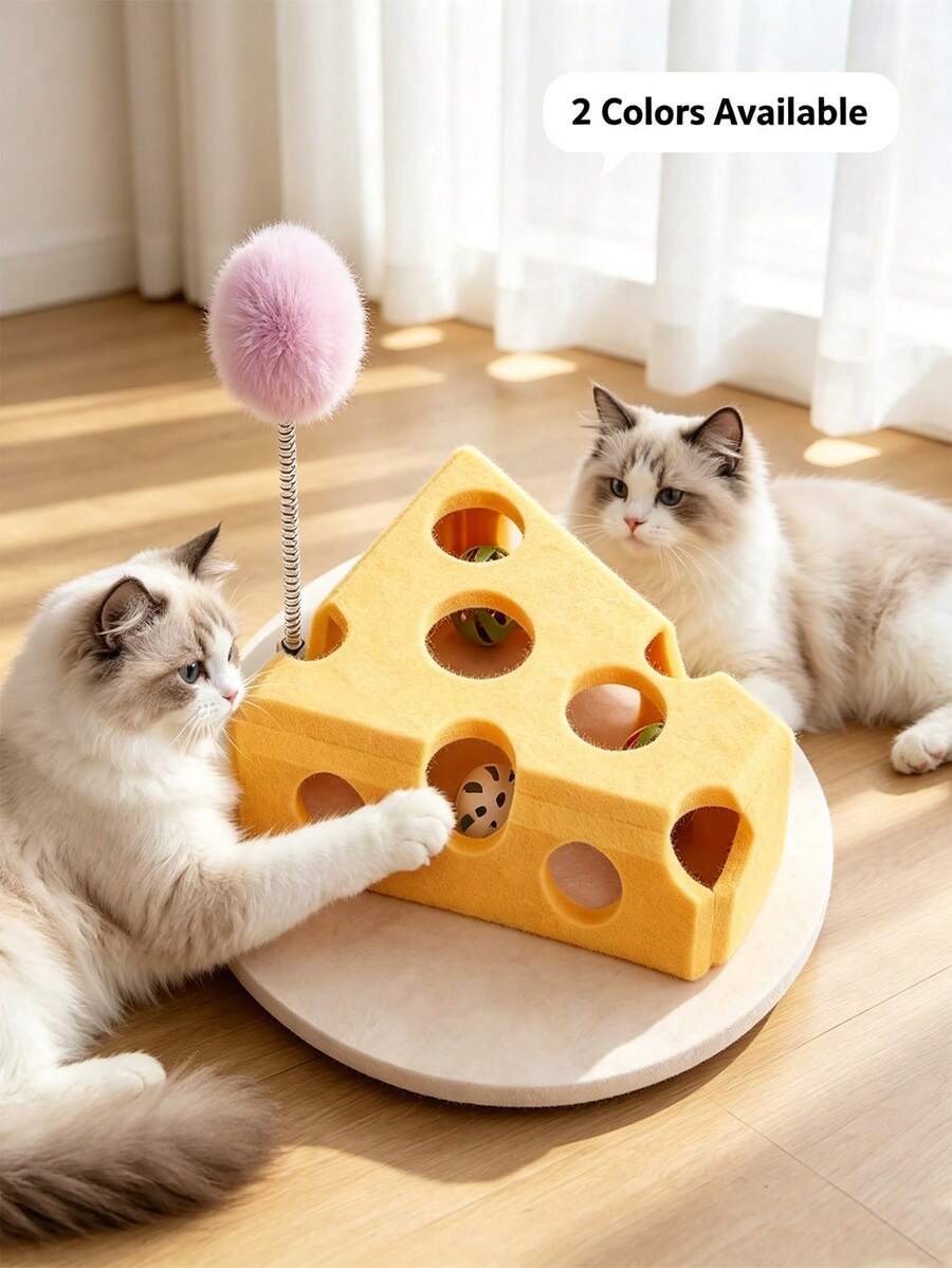 Cheese-Shaped Cat Puzzle Toy, Yellow & Green Dual-Color Interactive Hide-And-Seek Box With Bell - Multicolor - View 1