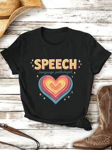 Women's T-Shirt With Heart Motif, Round Neck, Relaxed Fit, Streetwear And Hip-Hop Style, Comfortable Fit, Unique Graphic Print - Black - View 2