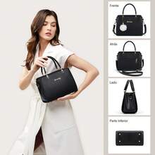 Bolsa de Mano Elegante de PU Impermeable con Pompon Desmontable, doble forma de uso, múltiples bolsillos, ideal para oficina, mercados, playa y paseos turísticos - Negro - Ver 7