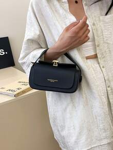 This Fashionable Classic Solid Color PU Handbag Features A Metal Buckle Design, A Simple And Exquisite Multifunctional Square Bag, Suitable For Young Women, Office Workers And Teachers, Perfect For Travel, Shopping, Commuting And Social Occasions. - Black - View 6