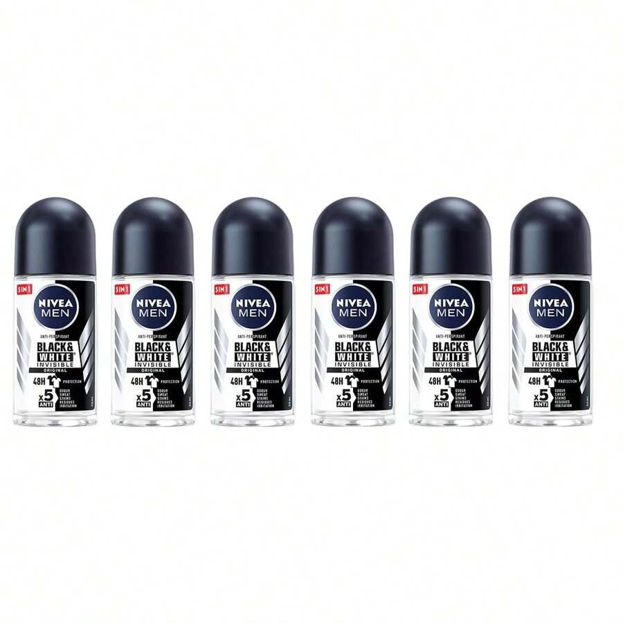 Nivea Men Black & White Invisible Fresh Roll On Deodorant 50ml | 72H Anti-Perspirant Protection | No White Marks Or Yellow Stains | Long-Lasting | Gentle On Skin | Travel Size For Men | 6-Pack - 多樣化香型 - 查看 1