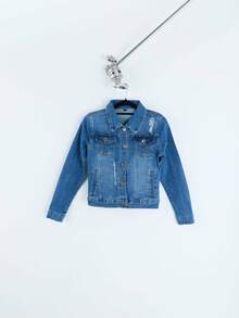 Slim Denim Jacket With Premium Distressed Details,  Urban Style. - 中藍色 H3NZY03 - 查看 5