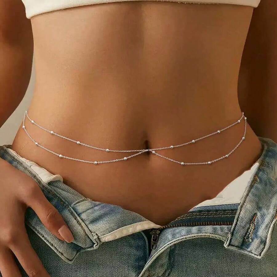 1 Buah Rantai Pinggang Mutiara Berkilau Seksi, Rantai Tubuh untuk Pesta Pantai, Aksesori Perhiasan Fashion Wanita - Perak - View 1