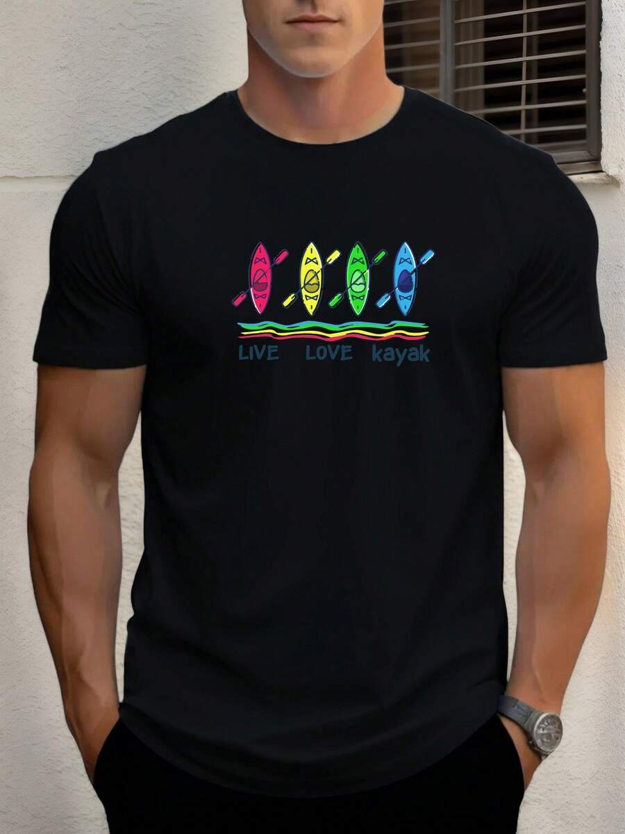 Camiseta de manga corta casual de verano para hombre con diseño de kayak LIVE LOVE - Negro - Ver 1