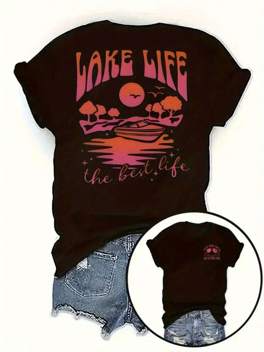 T-Shirt Da Donna 100% Puro Double-Face 2026 – Morbida, Traspirante, Ad Asciugatura Rapida, A Maniche Corte, Vestibilità Ampia, Con Stampa Grafica "Vacanze In Famiglia Al Lago", G - 後退 - 查看 1