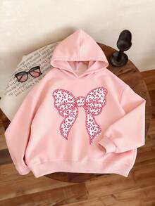 Girls 2pcs Set, Pink Leopard Print Bow Hoodie With Casual Sweatpants, Suitable For Autumn/Winter Wear - Pink - View 5
