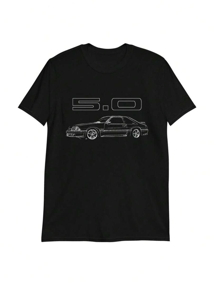 Camiseta unisex negra de gran tamaño, hecha de tela gruesa, con un elegante diseño de silueta de coche 5.0, perfecta para usar de manera casual con jeans, mostrando individualidad. También adecuado como regalo para parejas, obsequios de cumpleaños y regalos para ocasiones especiales. - Negro - Ver 1