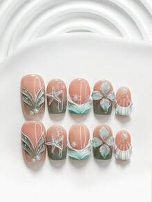 10片裝自然清新風手工穿戴甲，Polygel美甲套組，海星與花瓣設計，青色指甲油，度假風，附美甲工具，3種尺寸可選，方型/短方型/杏仁形，適合派對、跳舞、日常配戴 - 彩色 - 查看 20