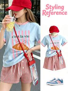 1pc Tween Girl Printed Short Sleeve T-Shirt, Student Youth Clothing, Summer Gift For Kids - Baby Blue - View 2