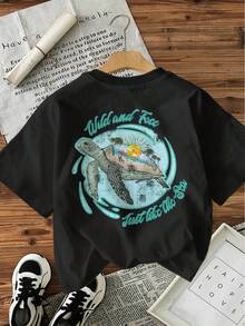 Minimalist. 100% Cotton. 1 Piece. [Double-Sided Printing][Directional]Casual Short-Sleeved T-Shirt With Turtle And Slogan Print, Wild And Free Style. Spring/Summer Top. - 黑色 - 查看 3