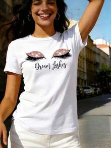 Eyelash And Dream Abstract Portrait Graphic Print Crew Neck T-Shirt, Casual Short Sleeve T-Shirt For Spring & Summer, Women'S Clothing - White - View 1