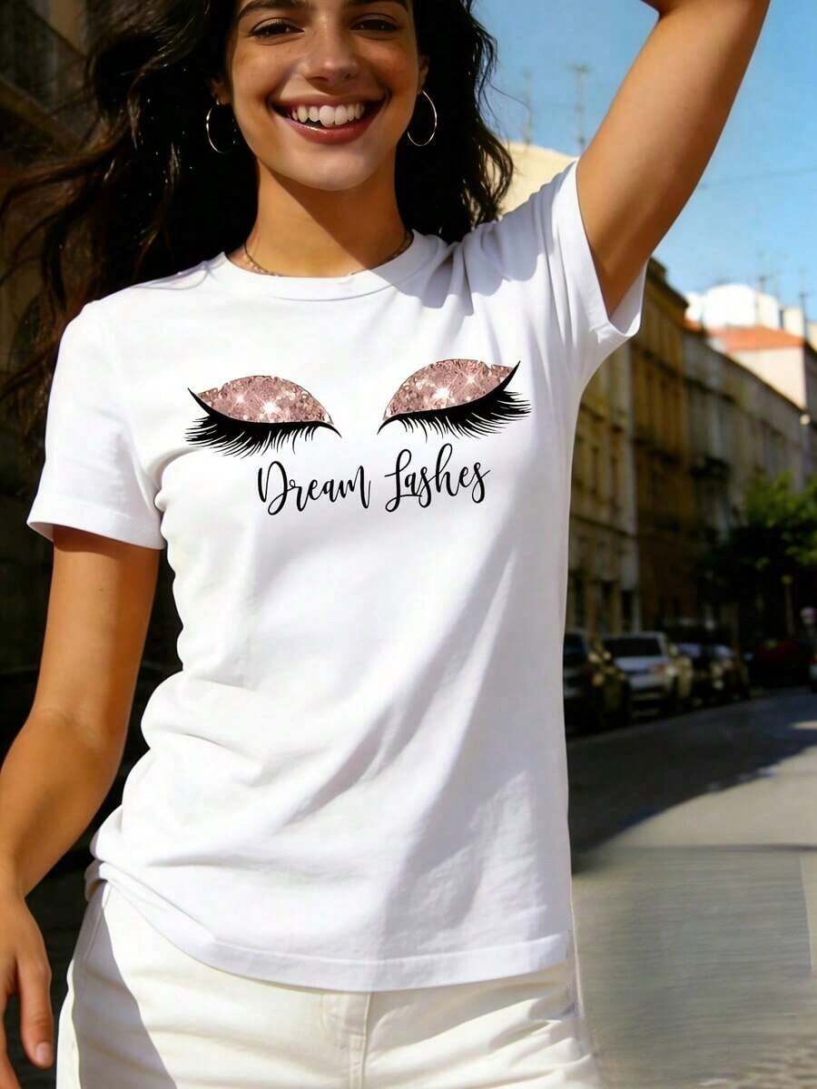 Eyelash And Dream Abstract Portrait Graphic Print Crew Neck T-Shirt, Casual Short Sleeve T-Shirt For Spring & Summer, Women'S Clothing - White - View 1