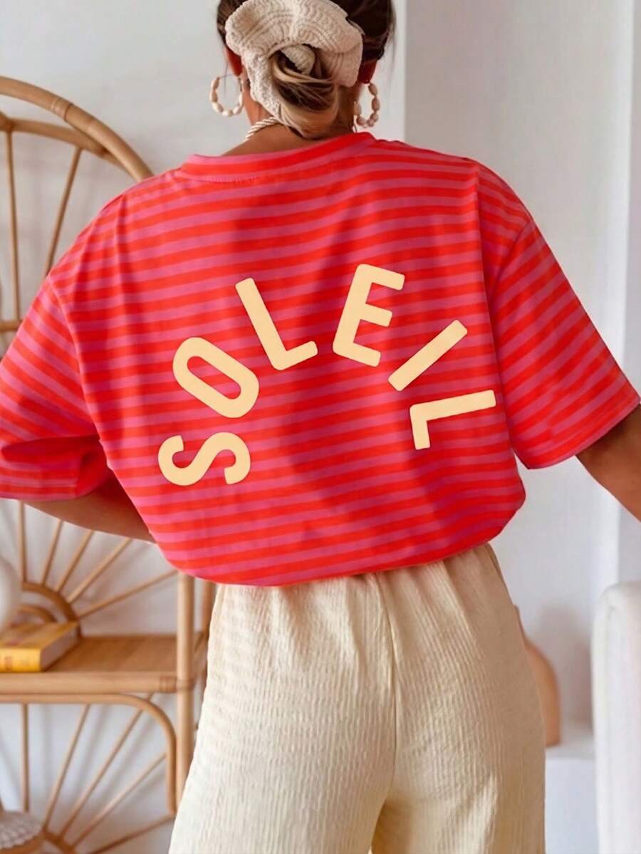 Colorblock Striped Sunflower Print Summer T-Shirt For Women, Casual Round Neck Short Sleeve Minimalist Tee - Multicolor - View 1