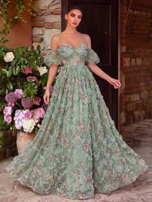 Faeriesty Elegant Women's Floral Print Dress With Mesh Spaghetti Straps, Puff Sleeves And Slit Design Vacation Wedding Party Fall - Green - View 1