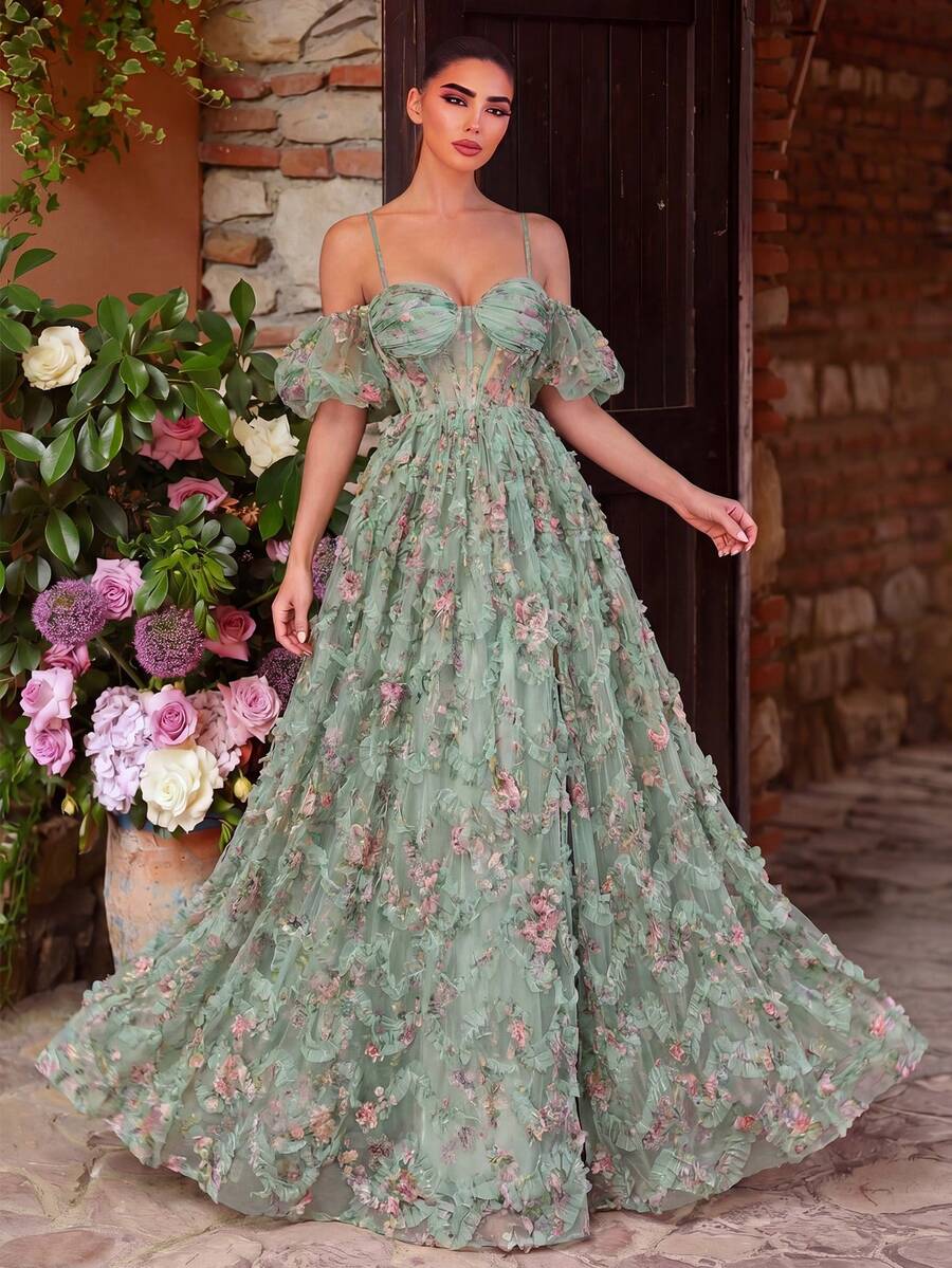 Faeriesty Elegant Women's Floral Print Dress With Mesh Spaghetti Straps, Puff Sleeves And Slit Design Vacation Wedding Party Fall - Green - View 1