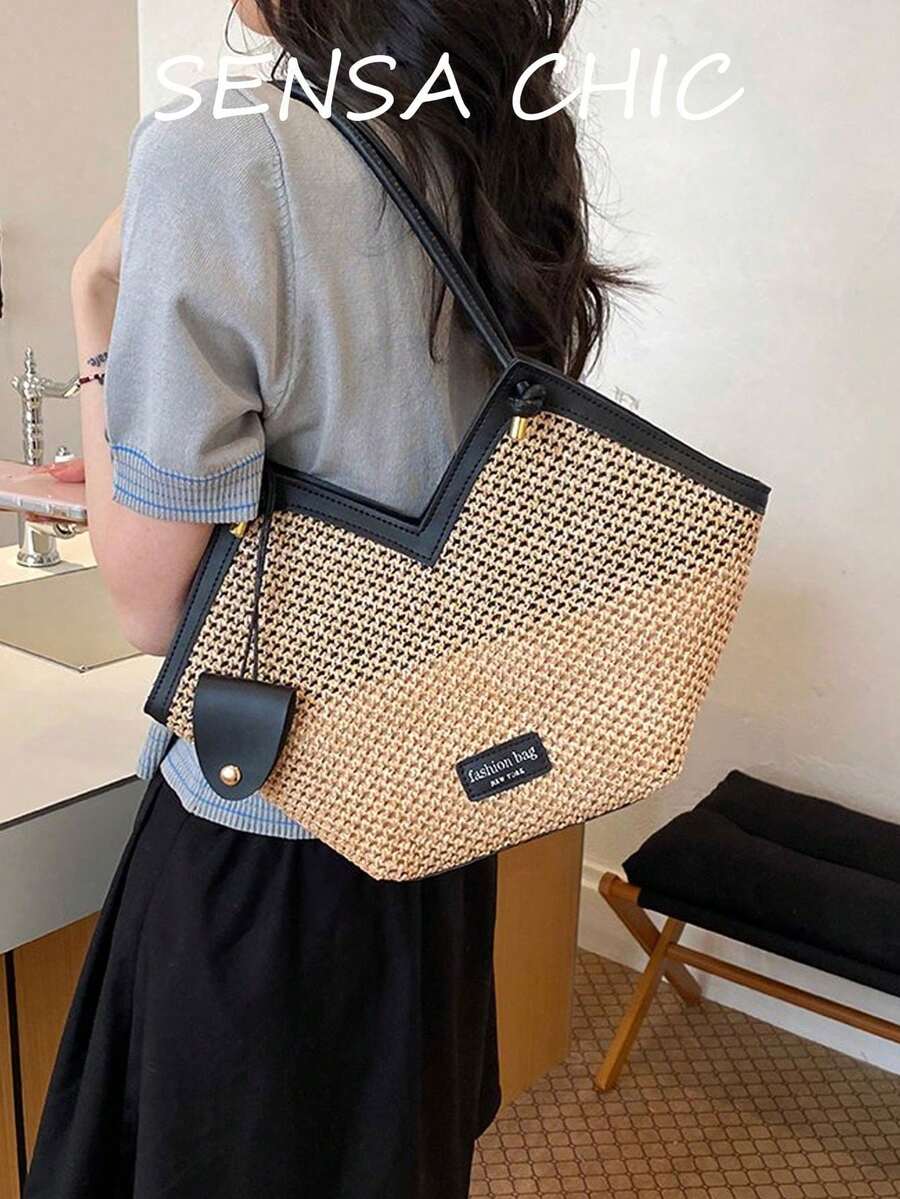 Tas Tote Bahu Ganda Kapasitas Besar dengan Desain Timbul Blok Warna Serbaguna Terbaru, Cocok untuk Perjalanan, Belanja, Berkomuter, dan Kerja, Dilengkapi Desain Dekorasi Syal, Dompet Wanita Elegan, Dompet untuk Berkomuter dan Bisnis