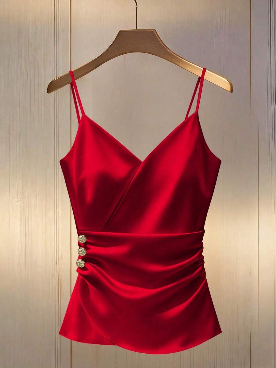 Camiseta ajustada con tirantes finos, volantes y hebilla metálica decorativa - Rojo - Ver 1