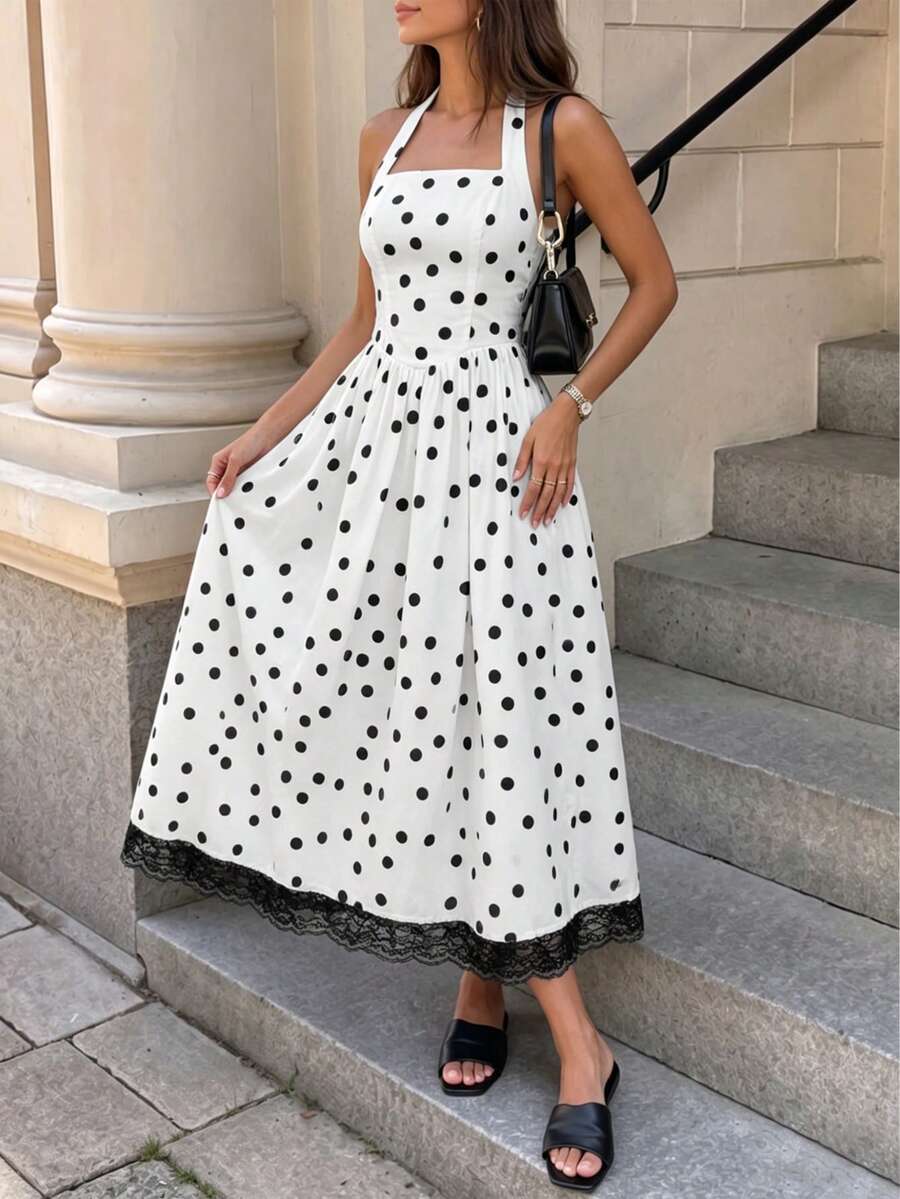 Abito midi da donna bianco a pois con scollo all'americana, orlo in pizzo, linea ad A, casual, elegante, da vacanza - Bianco e nero - Visualizzare 1