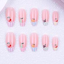 Wearable Manicure Pieces French Nude Striped Orange Fruit Style Fake Nails - 穿著盔甲時自由 - 查看 6